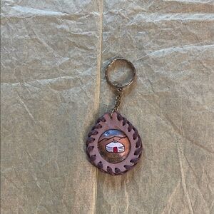 Brown Leather Keychain with Cabin Design